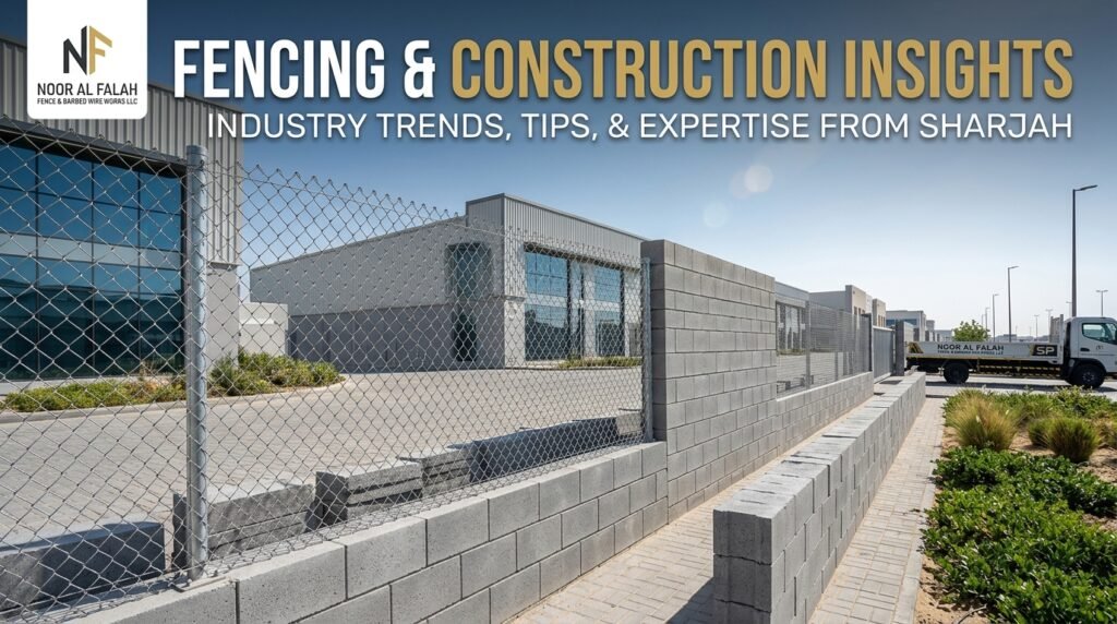 Professional chain link fence installation and solid concrete blocks in a modern industrial setting in Sharjah, UAE